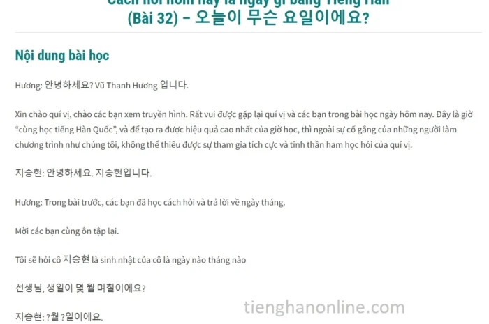 Cách hỏi hôm nay là ngày gì bằng Tiếng Hàn (Bài 32)