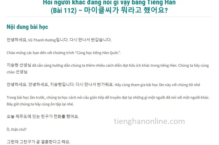 Hỏi người khác đang nói gì vậy bằng Tiếng Hàn (Bài 112)