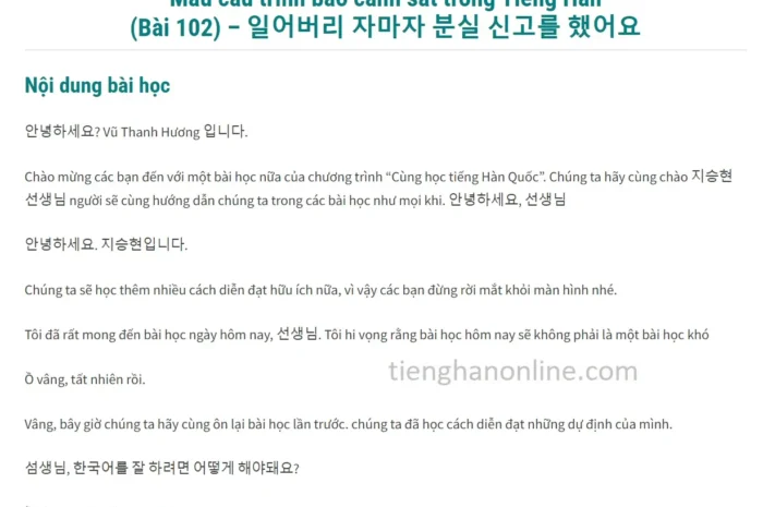 Mẫu câu trình báo cảnh sát trong Tiếng Hàn (Bài 102)